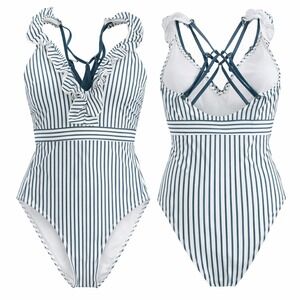 Nautical White & Teal Striped One Piece Swimsuit Ruffle Trim Lace-Up Back Medium